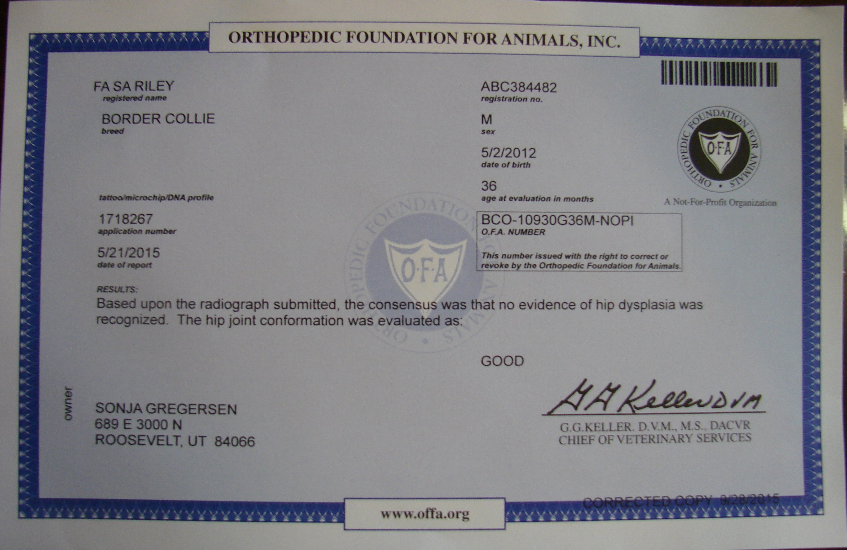 FA SA Riley OFA Certificate